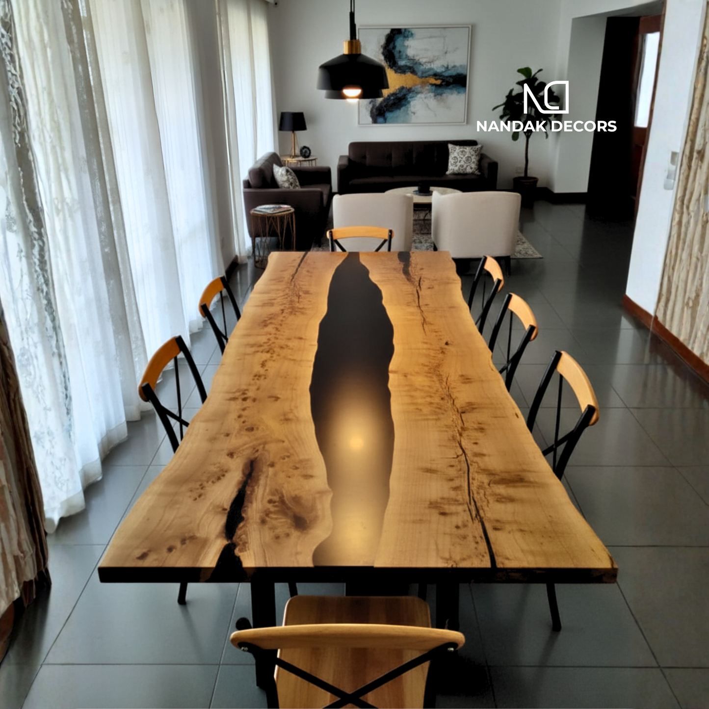 Live Edge Crown Black River Epoxy Dining Table Top