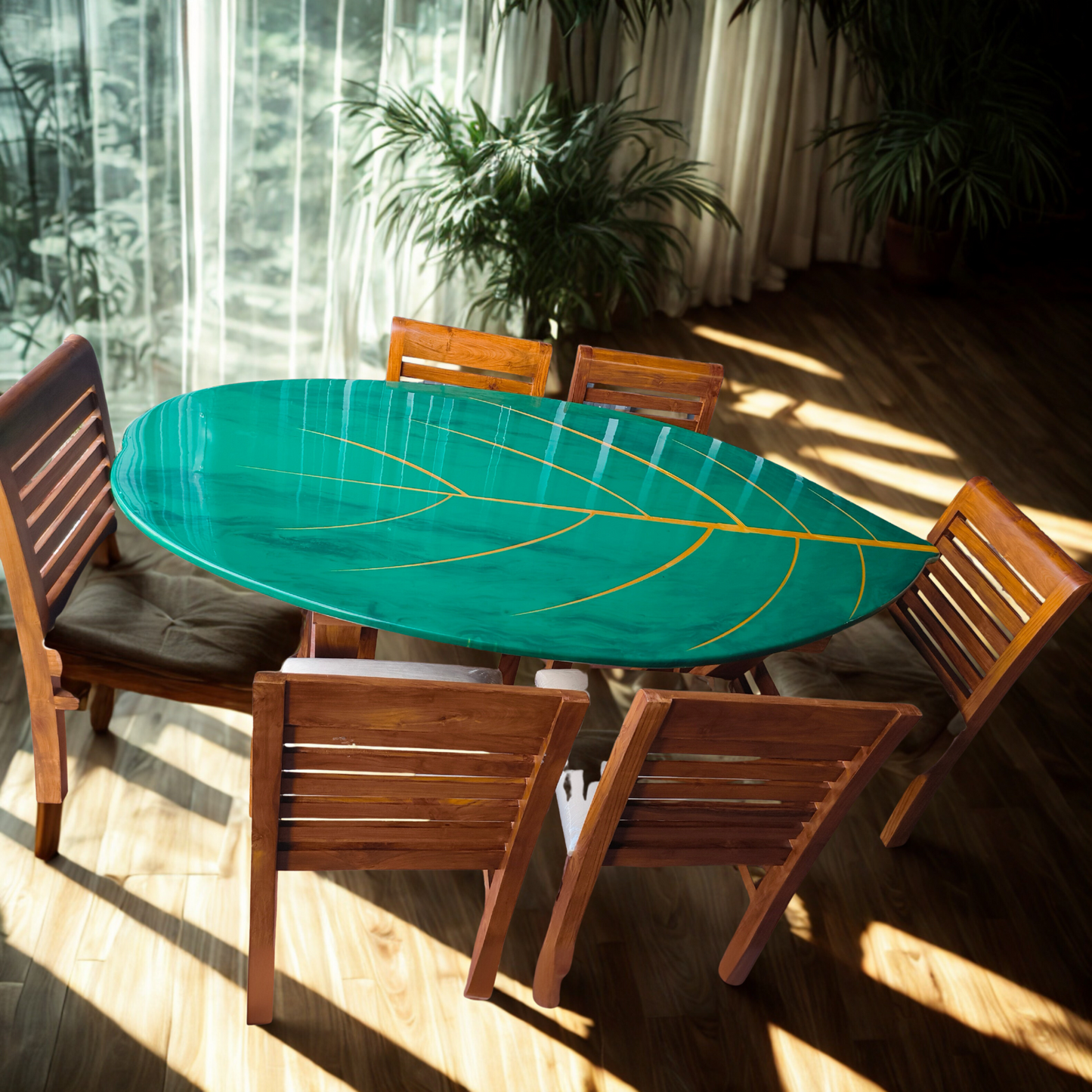 Nature Green Leaf Epoxy Dining Table Top by NANDAK DECORS