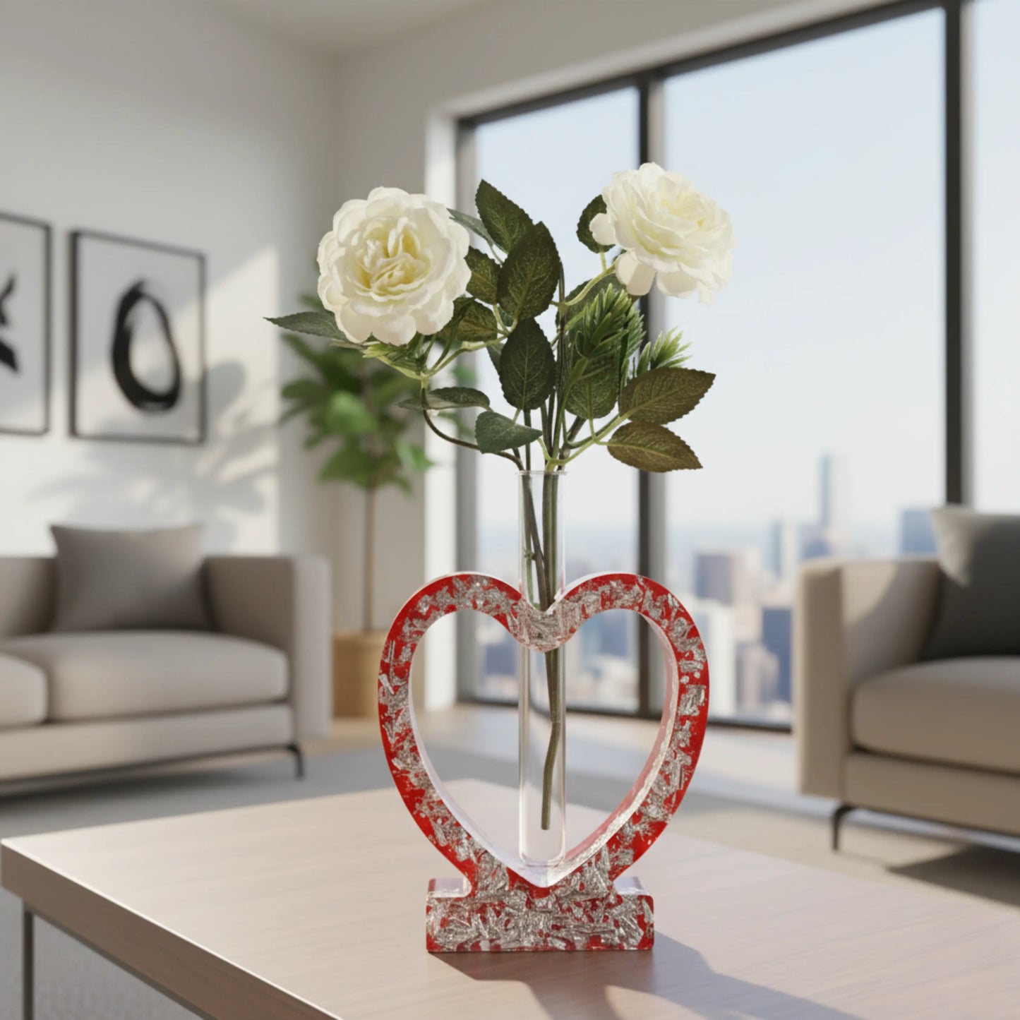 Luminous Red Heart Resin Flover Vase