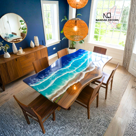 Live Edge Ocean Wave Epoxy Dining Table Top