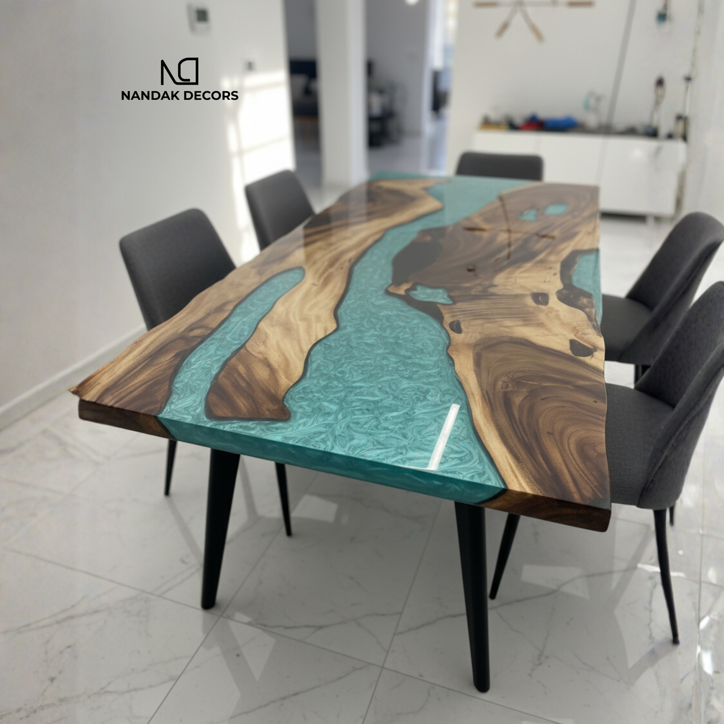 Majestic Teal Blue Epoxy River Dining Table Top