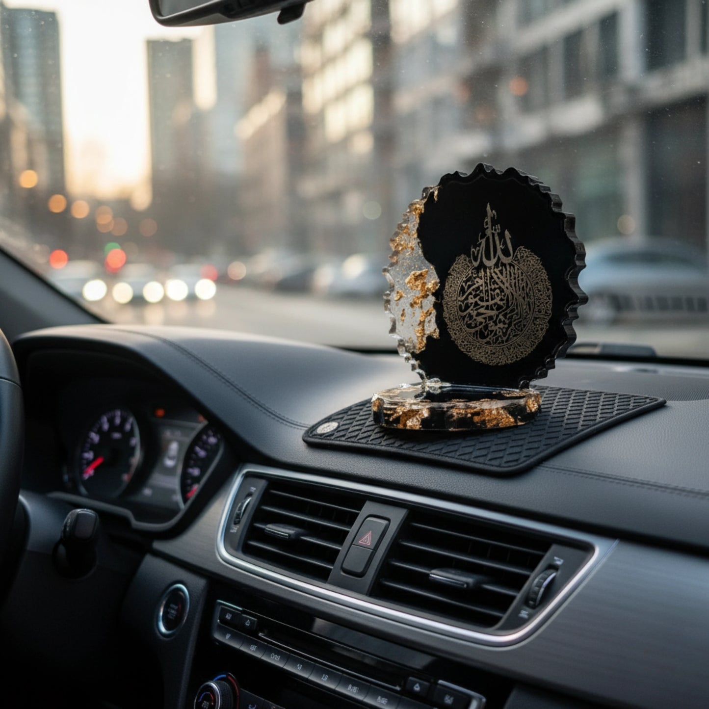 Decorative car dashboard showpiece on a car dashboard with a cityscape background by Nandak Decors 
