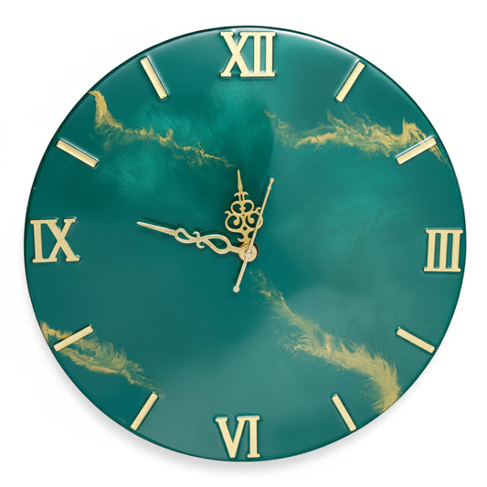 Green designer clock face with gold Roman numerals and gold hands on a white background