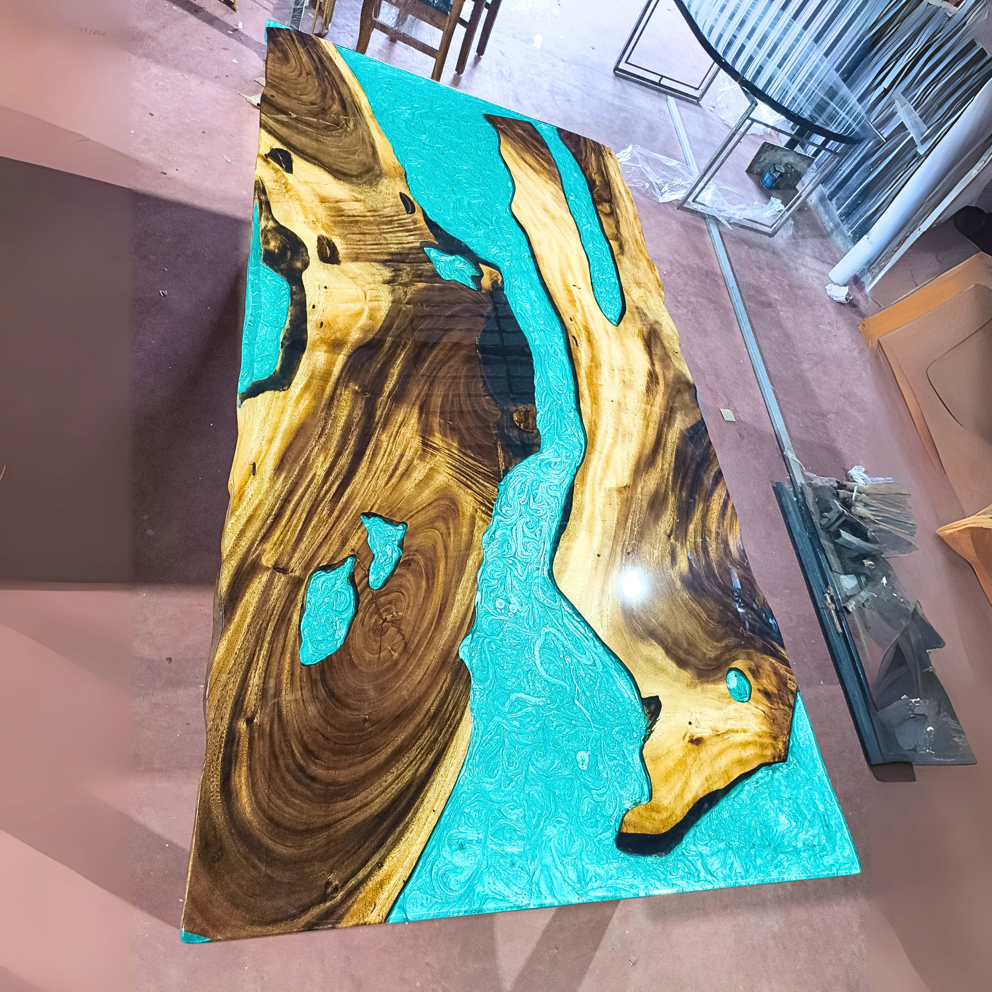 Majestic Teal Blue Epoxy River Table Top by NANDAK DECORS