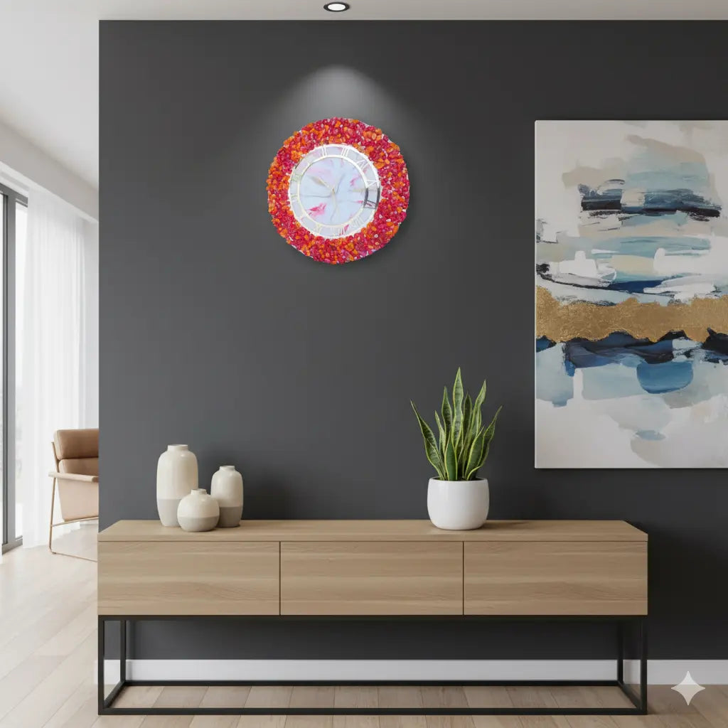 Modern interior with a wooden console table, decorative clock, and abstract painting on a dark wall by Nandak Decors