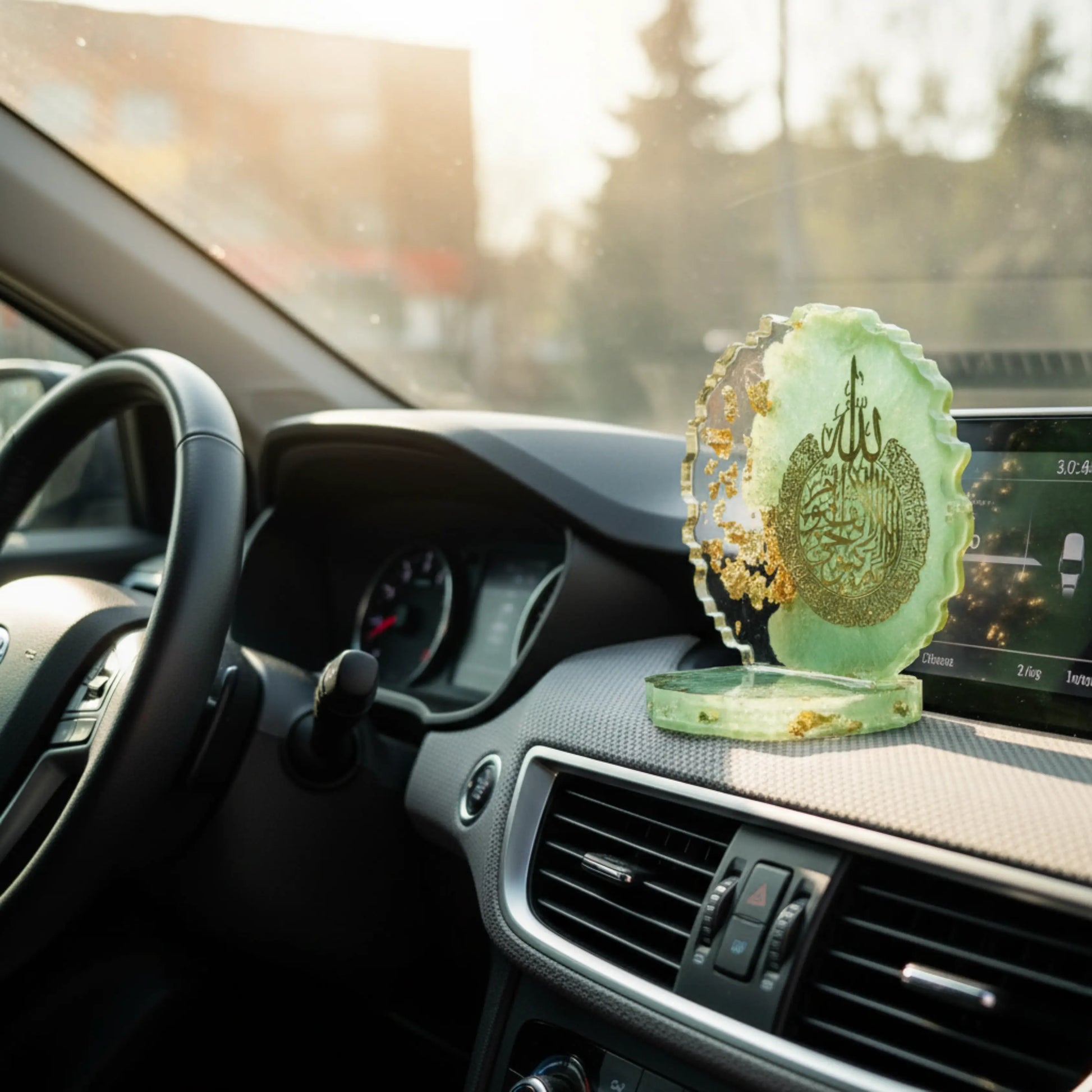 A decorative car dashboard showpiece with Arabic text on a car dashboard during sunset by Nandak Decors