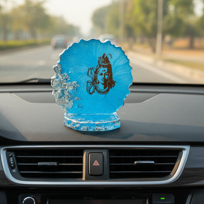 Blue decorative divine car dashboard showpiece with a Lord Siva figure on a car dashboard
