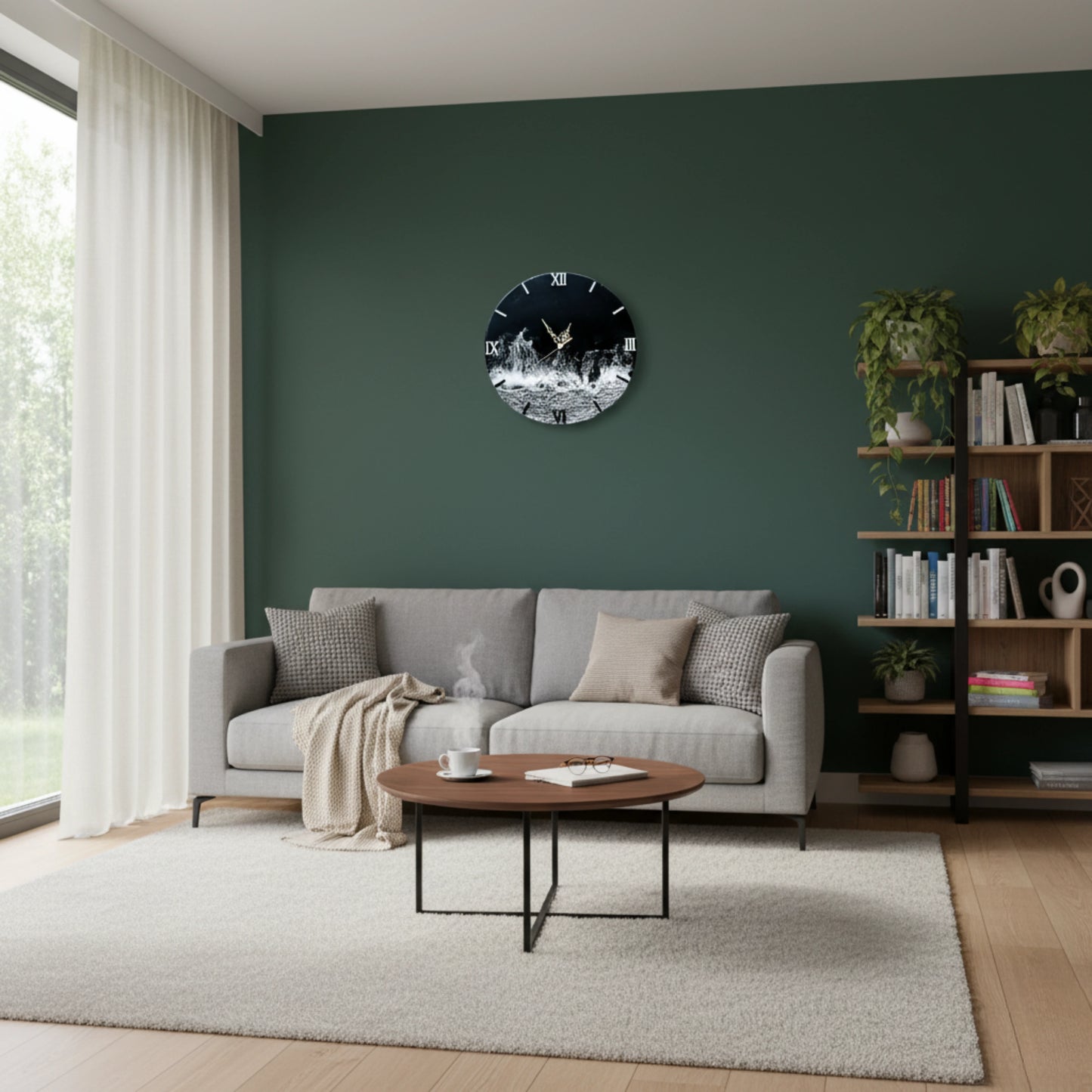 Modern living room wall clock with a gray sofa, round wooden coffee table, and decorative clock on a green wall. life style image of nandak decors resin art wall clock