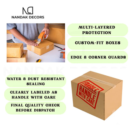 Nandak Decors resin art designer wall clock packaging process with boxes and protective features highlighted.