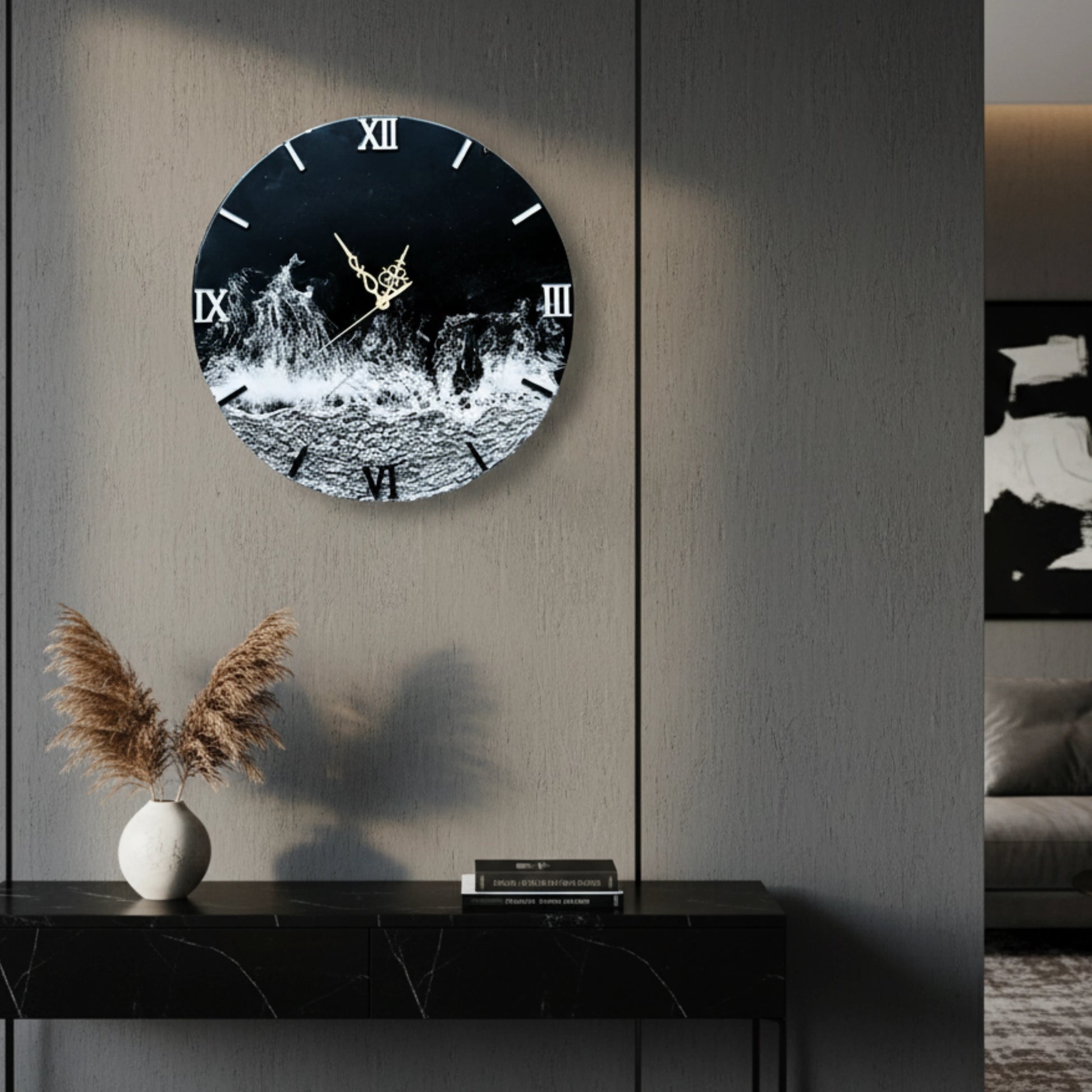 Nandak decors a resin art wall clock with an artistic design on a wall in a room setting. Lifestyle image of Nandak Decors resin art wall clock
