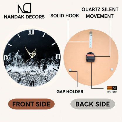 Nandak Decors resin art wall clock showing front and back sides with features highlighted.