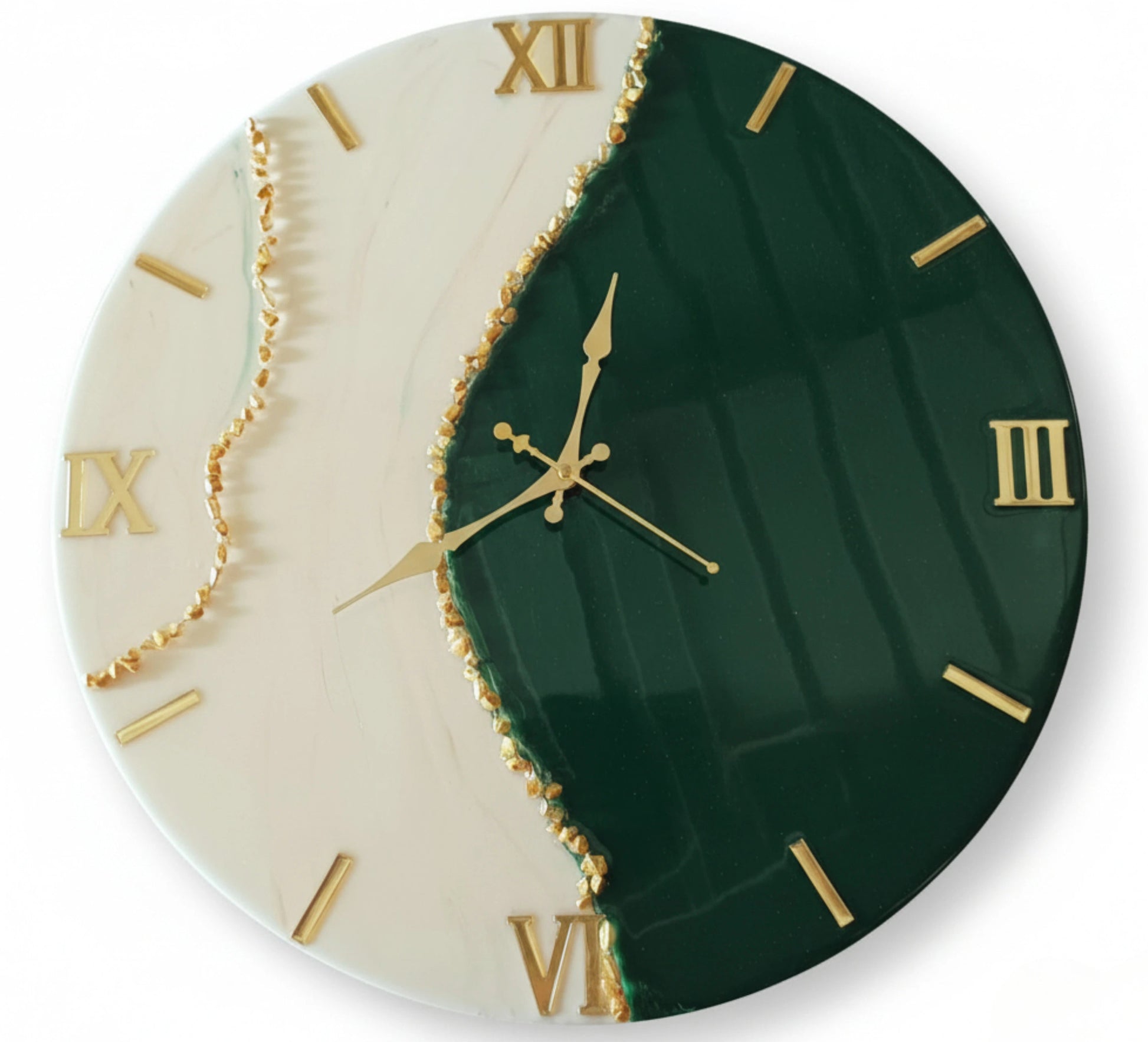 Round wall clock with green and beige design, gold Roman numerals, and hands.