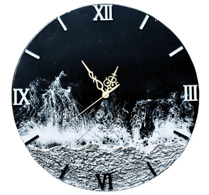 Nandak Decors Resin art Wall Clock with a black background and white wave design, featuring Roman numerals.