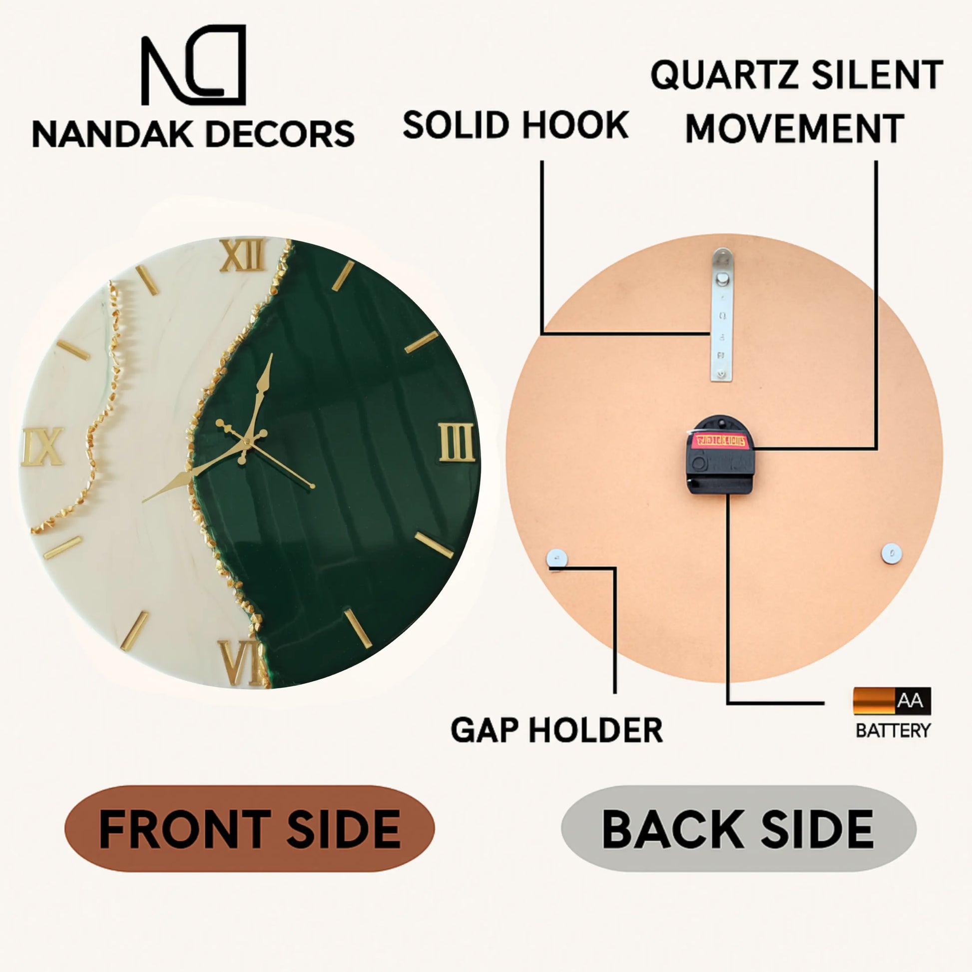 Nandak Decors resin art designer wall clock with front and back side views, highlighting features like solid hook, quartz silent movement, and gap holder.
